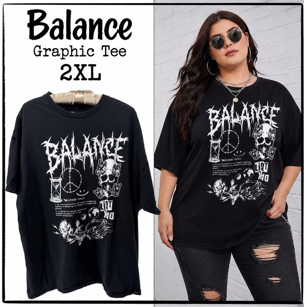 Balance Graphic Tee 2XL Black Whimsygoth Grunge Skull Skeleton Streetwear Dark
